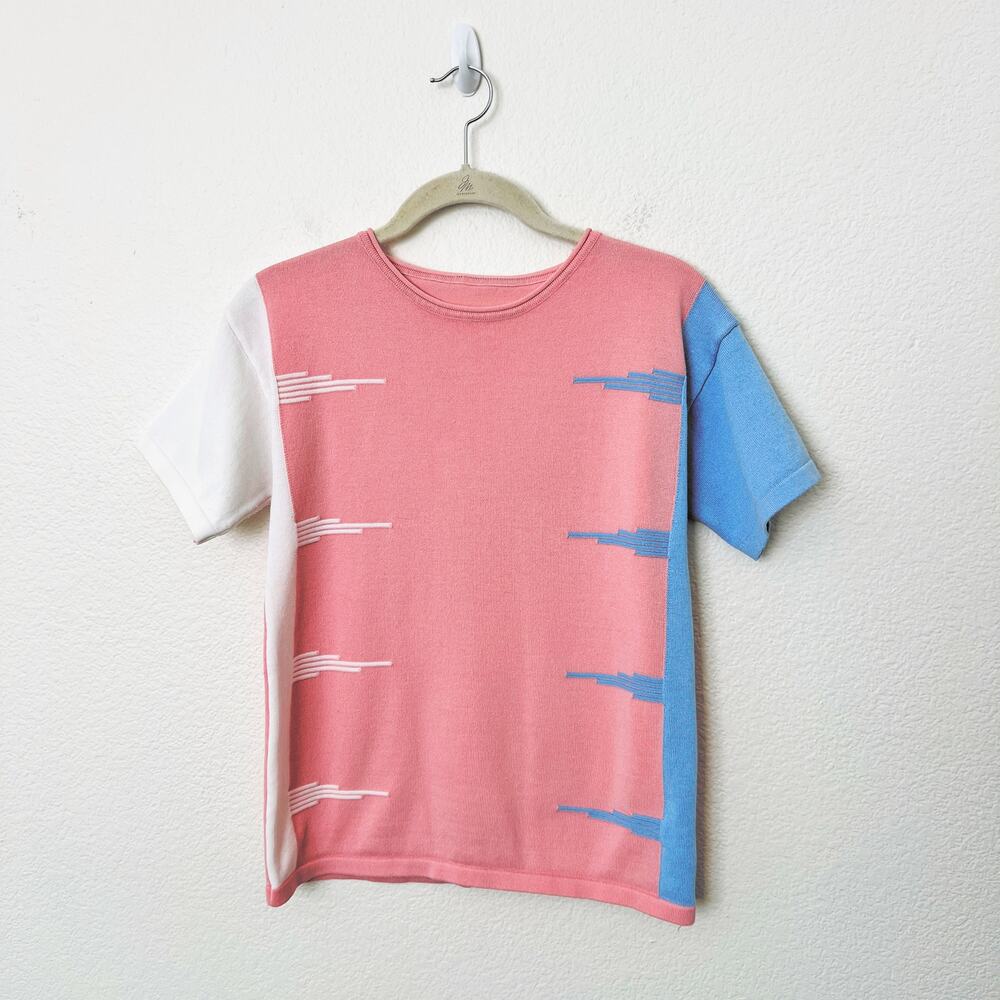 [Vintage] Pink Blue Abstract Crew Neck Short Sleeve Sweater Top Size Large L